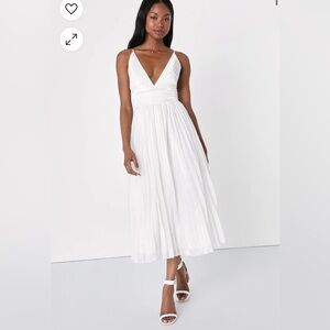 LULU’S Romantic Aesthetic Shiny White Pleated Midi Dress Lulus